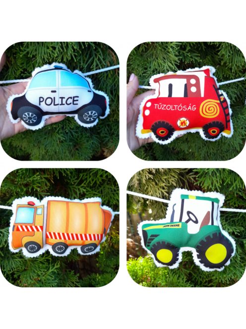 Járműves girland (rendőrautó, markoló, traktor, kukásautó, tűzoltóautó, kisautó)